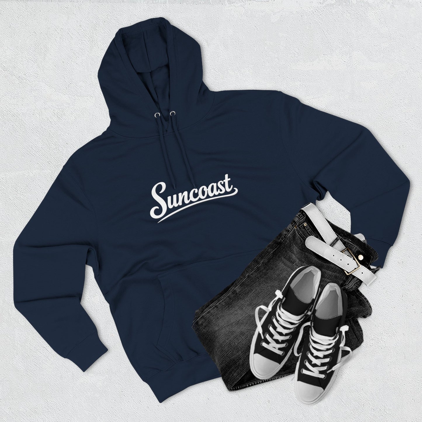 Suncoast Fleece Hoodie — Est. 2023 Sunset Boat Graphic