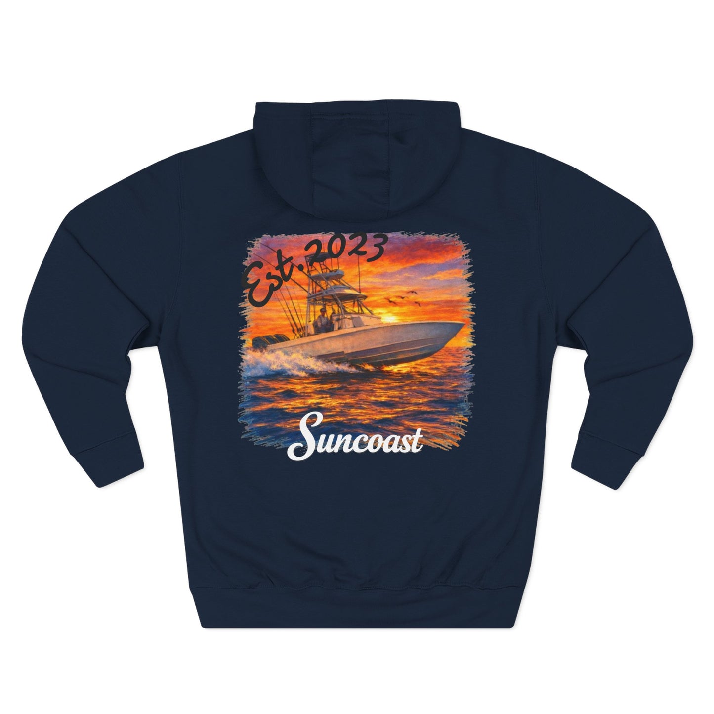 Suncoast Fleece Hoodie — Est. 2023 Sunset Boat Graphic