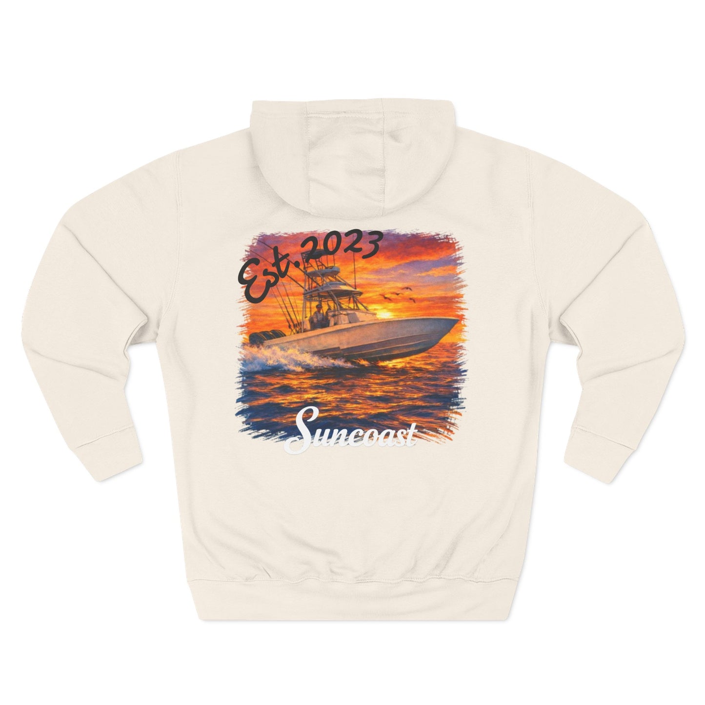 Suncoast Fleece Hoodie — Est. 2023 Sunset Boat Graphic