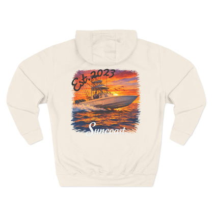 Suncoast Fleece Hoodie — Est. 2023 Sunset Boat Graphic