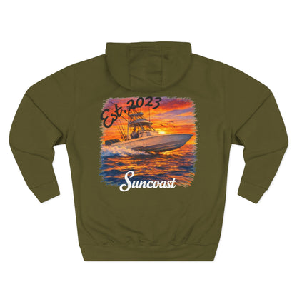 Suncoast Fleece Hoodie — Est. 2023 Sunset Boat Graphic