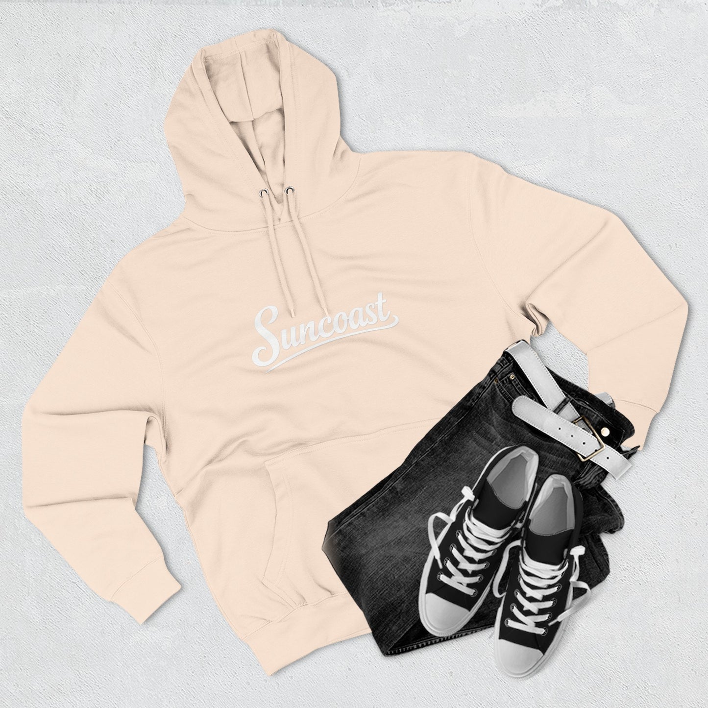 Suncoast Fleece Hoodie — Est. 2023 Sunset Boat Graphic
