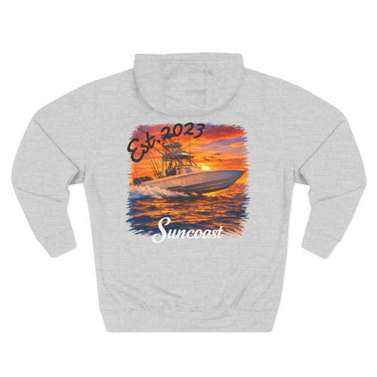 Suncoast Fleece Hoodie — Est. 2023 Sunset Boat Graphic