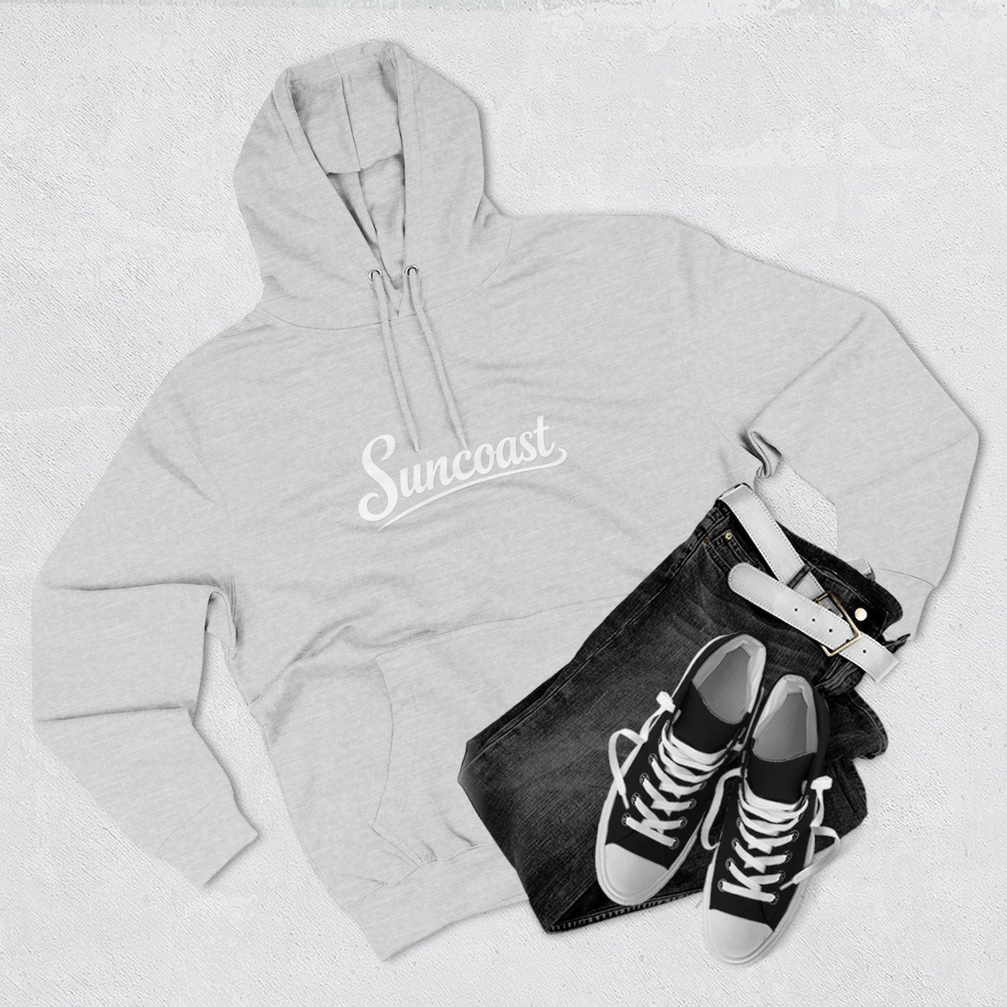 Suncoast Fleece Hoodie — Est. 2023 Sunset Boat Graphic